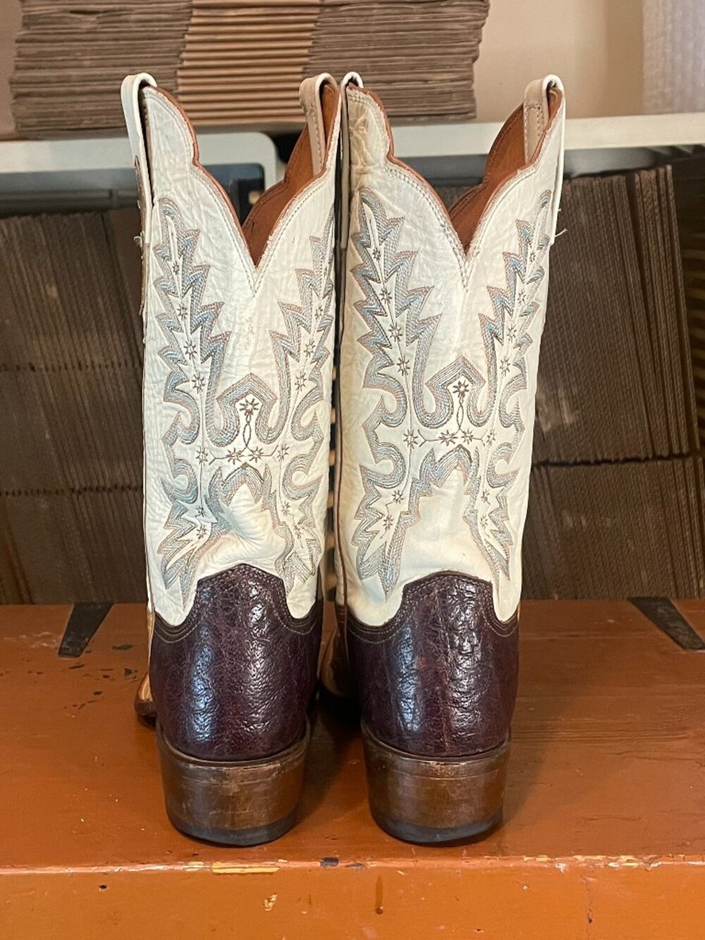 LUCCHESE Women's Size 10 B Exotic Full Ostrich Bone Tan Chocolate Cowboy Boots - Picture 4 of 10